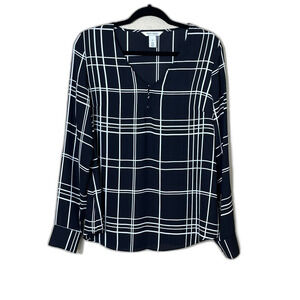 WHBM Black Translucent Blouse White Stripe Long Sleeve Career EUC MOD CHIC SZ 10